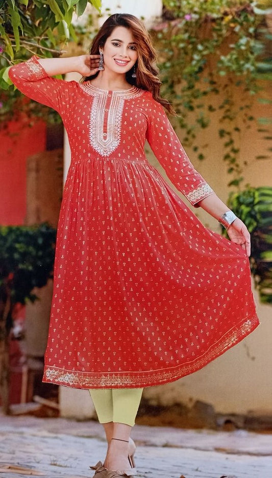 Cotton Embroidered Naira Cut Kurti